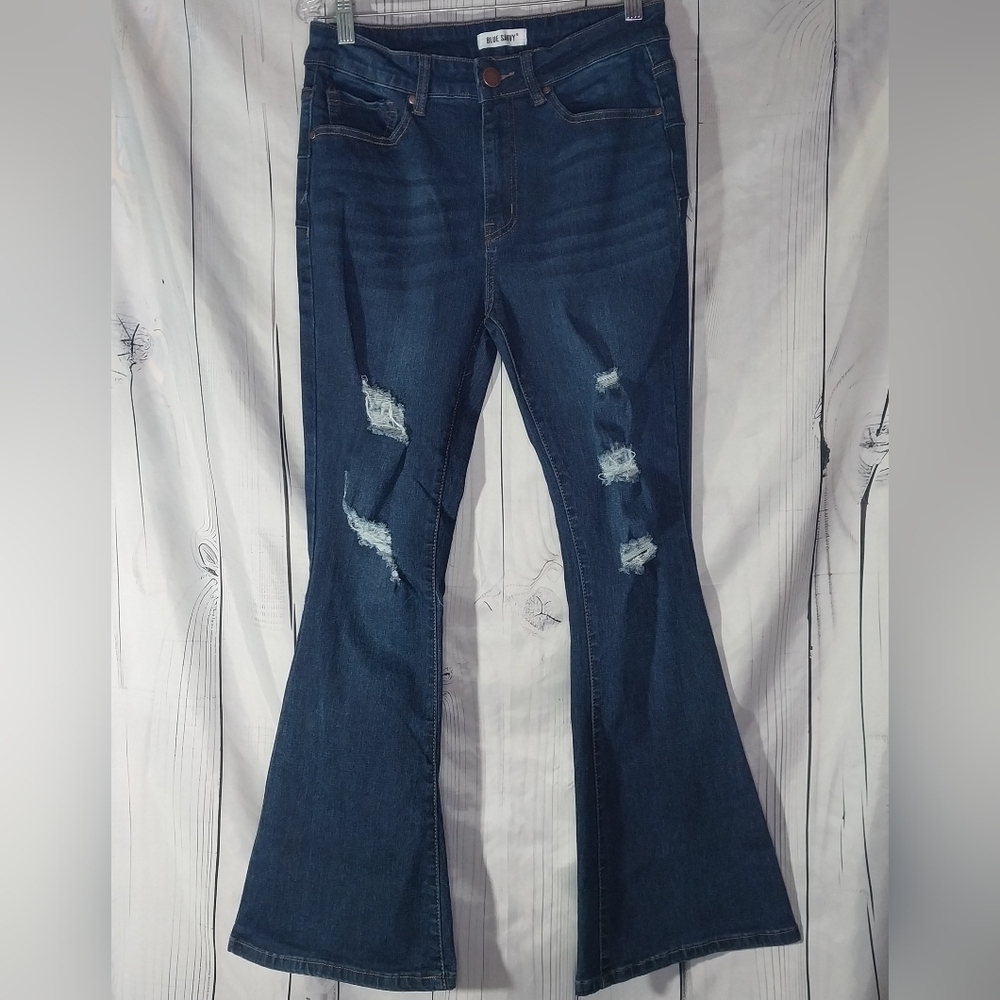Blue Savvy Distressed Boho Festival Retro Aesthetic Edgy Y2K Flare Jeans Size 9